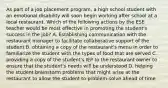 As part of a job placement program, a high school student with an emotional disability will soon begin working after school at a local restaurant. Which of the following actions by the ESE teacher would be most effective in promoting the student's success in the job? A. Establishing communication with the restaurant manager to facilitate collaborative support of the student B. obtaining a copy of the restaurant's menu in order to familiarize the student with the types of food that are served C. providing a copy of the student's IEP to the restaurant owner to ensure that the student's needs will be understood D. helping the student brainstorm problems that might arise at the restaurant to allow the student to problem-solve ahead of time