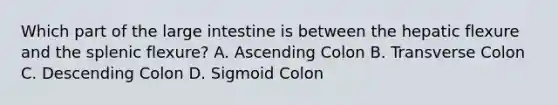 Which part of the large intestine is between the hepatic flexure and the splenic flexure? A. Ascending Colon B. Transverse Colon C. Descending Colon D. Sigmoid Colon