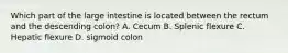 Which part of the large intestine is located between the rectum and the descending colon? A. Cecum B. Splenic flexure C. Hepatic flexure D. sigmoid colon