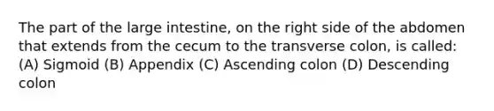 The part of the large intestine, on the right side of the abdomen that extends from the cecum to the transverse colon, is called: (A) Sigmoid (B) Appendix (C) Ascending colon (D) Descending colon