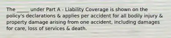 The _____ under Part A - Liability Coverage is shown on the policy's declarations & applies per accident for all bodily injury & property damage arising from one accident, including damages for care, loss of services & death.