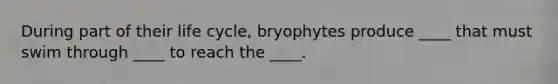 During part of their life cycle, bryophytes produce ____ that must swim through ____ to reach the ____.