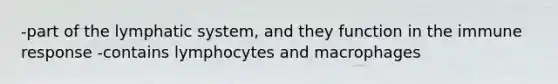 -part of the lymphatic system, and they function in the immune response -contains lymphocytes and macrophages