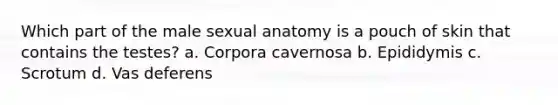 Which part of the male sexual anatomy is a pouch of skin that contains the testes? a. Corpora cavernosa b. Epididymis c. Scrotum d. Vas deferens