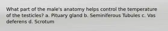 What part of the male's anatomy helps control the temperature of the testicles? a. Pituary gland b. Seminiferous Tubules c. Vas deferens d. Scrotum