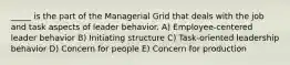 _____ is the part of the Managerial Grid that deals with the job and task aspects of leader behavior. A) Employee-centered leader behavior B) Initiating structure C) Task-oriented leadership behavior D) Concern for people E) Concern for production