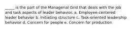 _____ is the part of the Managerial Grid that deals with the job and task aspects of leader behavior. a. Employee-centered leader behavior b. Initiating structure c. Task-oriented leadership behavior d. Concern for people e. Concern for production