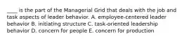 ____ is the part of the Managerial Grid that deals with the job and task aspects of leader behavior. A. employee-centered leader behavior B. initiating structure C. task-oriented leadership behavior D. concern for people E. concern for production