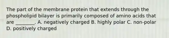 The part of the membrane protein that extends through the phospholipid bilayer is primarily composed of <a href='https://www.questionai.com/knowledge/k9gb720LCl-amino-acids' class='anchor-knowledge'>amino acids</a> that are ________. A. negatively charged B. highly polar C. non-polar D. positively charged