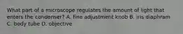 What part of a microscope regulates the amount of light that enters the condenser? A. fine adjustment knob B. iris diaphram C. body tube D. objective