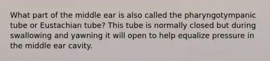 What part of the middle ear is also called the pharyngotympanic tube or Eustachian tube? This tube is normally closed but during swallowing and yawning it will open to help equalize pressure in the middle ear cavity.