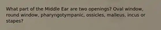 What part of the Middle Ear are two openings? Oval window, round window, pharyngotympanic, ossicles, malleus, incus or stapes?