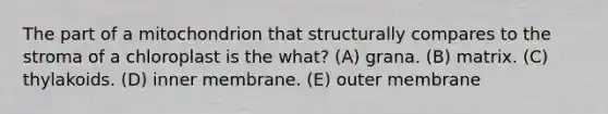 The part of a mitochondrion that structurally compares to the stroma of a chloroplast is the what? (A) grana. (B) matrix. (C) thylakoids. (D) inner membrane. (E) outer membrane