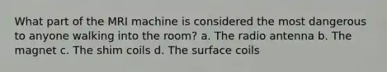 What part of the MRI machine is considered the most dangerous to anyone walking into the room? a. The radio antenna b. The magnet c. The shim coils d. The surface coils