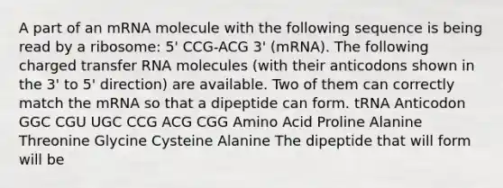 A part of an mRNA molecule with the following sequence is being read by a ribosome: 5' CCG-ACG 3' (mRNA). The following charged transfer RNA molecules (with their anticodons shown in the 3' to 5' direction) are available. Two of them can correctly match the mRNA so that a dipeptide can form. tRNA Anticodon GGC CGU UGC CCG ACG CGG Amino Acid Proline Alanine Threonine Glycine Cysteine Alanine The dipeptide that will form will be