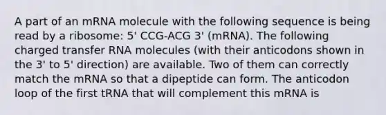 A part of an mRNA molecule with the following sequence is being read by a ribosome: 5' CCG-ACG 3' (mRNA). The following charged <a href='https://www.questionai.com/knowledge/kYREgpZMtc-transfer-rna' class='anchor-knowledge'>transfer rna</a> molecules (with their anticodons shown in the 3' to 5' direction) are available. Two of them can correctly match the mRNA so that a dipeptide can form. The anticodon loop of the first tRNA that will complement this mRNA is