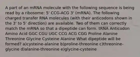 A part of an mRNA molecule with the following sequence is being read by a ribosome: 5' CCG-ACG 3' (mRNA). The following charged transfer RNA molecules (with their anticodons shown in the 3' to 5' direction) are available. Two of them can correctly match the mRNA so that a dipeptide can form. tRNA Anticodon Amino Acid GGC CGU UGC CCG ACG CGG Proline Alanine Threonine Glycine Cysteine Alanine What dipeptide will be formed? a)cysteine-alanine b)proline-threonine c)threonine-glycine d)alanine-threonine e)glycine-cysteine