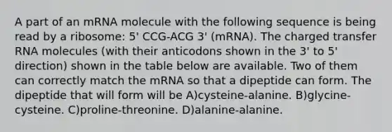 A part of an mRNA molecule with the following sequence is being read by a ribosome: 5' CCG-ACG 3' (mRNA). The charged transfer RNA molecules (with their anticodons shown in the 3' to 5' direction) shown in the table below are available. Two of them can correctly match the mRNA so that a dipeptide can form. The dipeptide that will form will be A)cysteine-alanine. B)glycine-cysteine. C)proline-threonine. D)alanine-alanine.