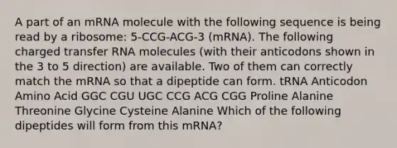 A part of an mRNA molecule with the following sequence is being read by a ribosome: 5-CCG-ACG-3 (mRNA). The following charged transfer RNA molecules (with their anticodons shown in the 3 to 5 direction) are available. Two of them can correctly match the mRNA so that a dipeptide can form. tRNA Anticodon Amino Acid GGC CGU UGC CCG ACG CGG Proline Alanine Threonine Glycine Cysteine Alanine Which of the following dipeptides will form from this mRNA?