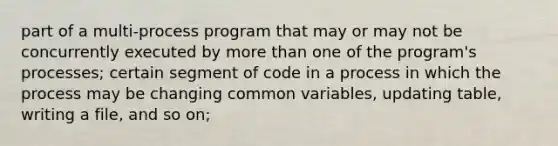 part of a multi-process program that may or may not be concurrently executed by more than one of the program's processes; certain segment of code in a process in which the process may be changing common variables, updating table, writing a file, and so on;