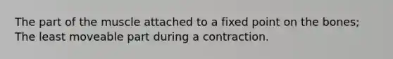 The part of the muscle attached to a fixed point on the bones; The least moveable part during a contraction.