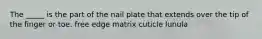 The _____ is the part of the nail plate that extends over the tip of the finger or toe. free edge matrix cuticle lunula