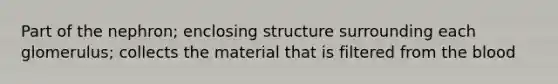 Part of the nephron; enclosing structure surrounding each glomerulus; collects the material that is filtered from <a href='https://www.questionai.com/knowledge/k7oXMfj7lk-the-blood' class='anchor-knowledge'>the blood</a>