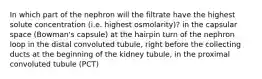 In which part of the nephron will the filtrate have the highest solute concentration (i.e. highest osmolarity)? in the capsular space (Bowman's capsule) at the hairpin turn of the nephron loop in the distal convoluted tubule, right before the collecting ducts at the beginning of the kidney tubule, in the proximal convoluted tubule (PCT)