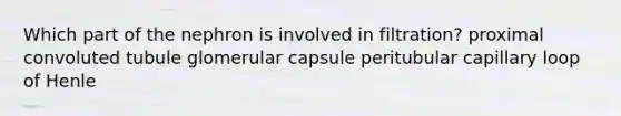 Which part of the nephron is involved in filtration? proximal convoluted tubule glomerular capsule peritubular capillary loop of Henle