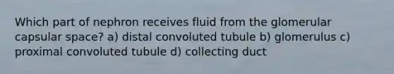 Which part of nephron receives fluid from the glomerular capsular space? a) distal convoluted tubule b) glomerulus c) proximal convoluted tubule d) collecting duct