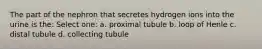 The part of the nephron that secretes hydrogen ions into the urine is the: Select one: a. proximal tubule b. loop of Henle c. distal tubule d. collecting tubule