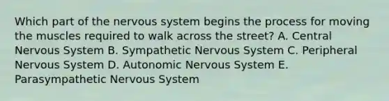 Which part of the nervous system begins the process for moving the muscles required to walk across the street? A. Central Nervous System B. Sympathetic Nervous System C. Peripheral Nervous System D. Autonomic Nervous System E. Parasympathetic Nervous System