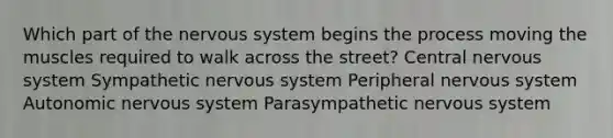 Which part of the nervous system begins the process moving the muscles required to walk across the street? Central nervous system Sympathetic nervous system Peripheral nervous system Autonomic nervous system Parasympathetic nervous system