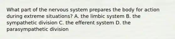 What part of the nervous system prepares the body for action during extreme situations? A. the limbic system B. the sympathetic division C. the efferent system D. the parasympathetic division