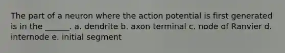 The part of a neuron where the action potential is first generated is in the ______. a. dendrite b. axon terminal c. node of Ranvier d. internode e. initial segment