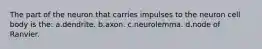 The part of the neuron that carries impulses to the neuron cell body is the: a.dendrite. b.axon. c.neurolemma. d.node of Ranvier.