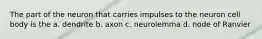 The part of the neuron that carries impulses to the neuron cell body is the a. dendrite b. axon c. neurolemma d. node of Ranvier