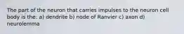 The part of the neuron that carries impulses to the neuron cell body is the: a) dendrite b) node of Ranvier c) axon d) neurolemma