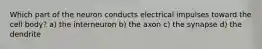 Which part of the neuron conducts electrical impulses toward the cell body? a) the interneuron b) the axon c) the synapse d) the dendrite