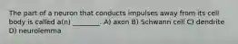 The part of a neuron that conducts impulses away from its cell body is called a(n) ________. A) axon B) Schwann cell C) dendrite D) neurolemma