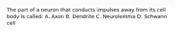 The part of a neuron that conducts impulses away from its cell body is called: A. Axon B. Dendrite C. Neurolemma D. Schwann cell
