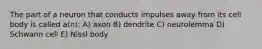 The part of a neuron that conducts impulses away from its cell body is called a(n): A) axon B) dendrite C) neurolemma D) Schwann cell E) Nissl body