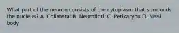 What part of the neuron consists of the cytoplasm that surrounds the nucleus? A. Collateral B. Neurofibril C. Perikaryon D. Nissl body