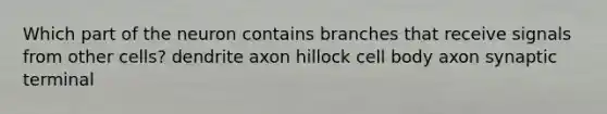 Which part of the neuron contains branches that receive signals from other cells? dendrite axon hillock cell body axon synaptic terminal