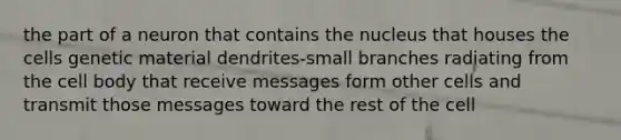 the part of a neuron that contains the nucleus that houses the cells genetic material dendrites-small branches radiating from the cell body that receive messages form other cells and transmit those messages toward the rest of the cell