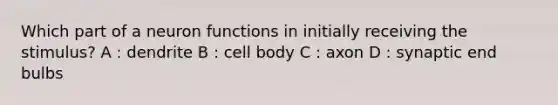 Which part of a neuron functions in initially receiving the stimulus? A : dendrite B : cell body C : axon D : synaptic end bulbs