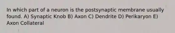 In which part of a neuron is the postsynaptic membrane usually found. A) Synaptic Knob B) Axon C) Dendrite D) Perikaryon E) Axon Collateral