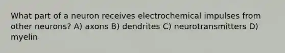 What part of a neuron receives electrochemical impulses from other neurons? A) axons B) dendrites C) neurotransmitters D) myelin