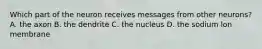 Which part of the neuron receives messages from other neurons? A. the axon B. the dendrite C. the nucleus D. the sodium lon membrane