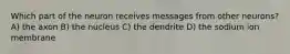 Which part of the neuron receives messages from other neurons? A) the axon B) the nucleus C) the dendrite D) the sodium ion membrane